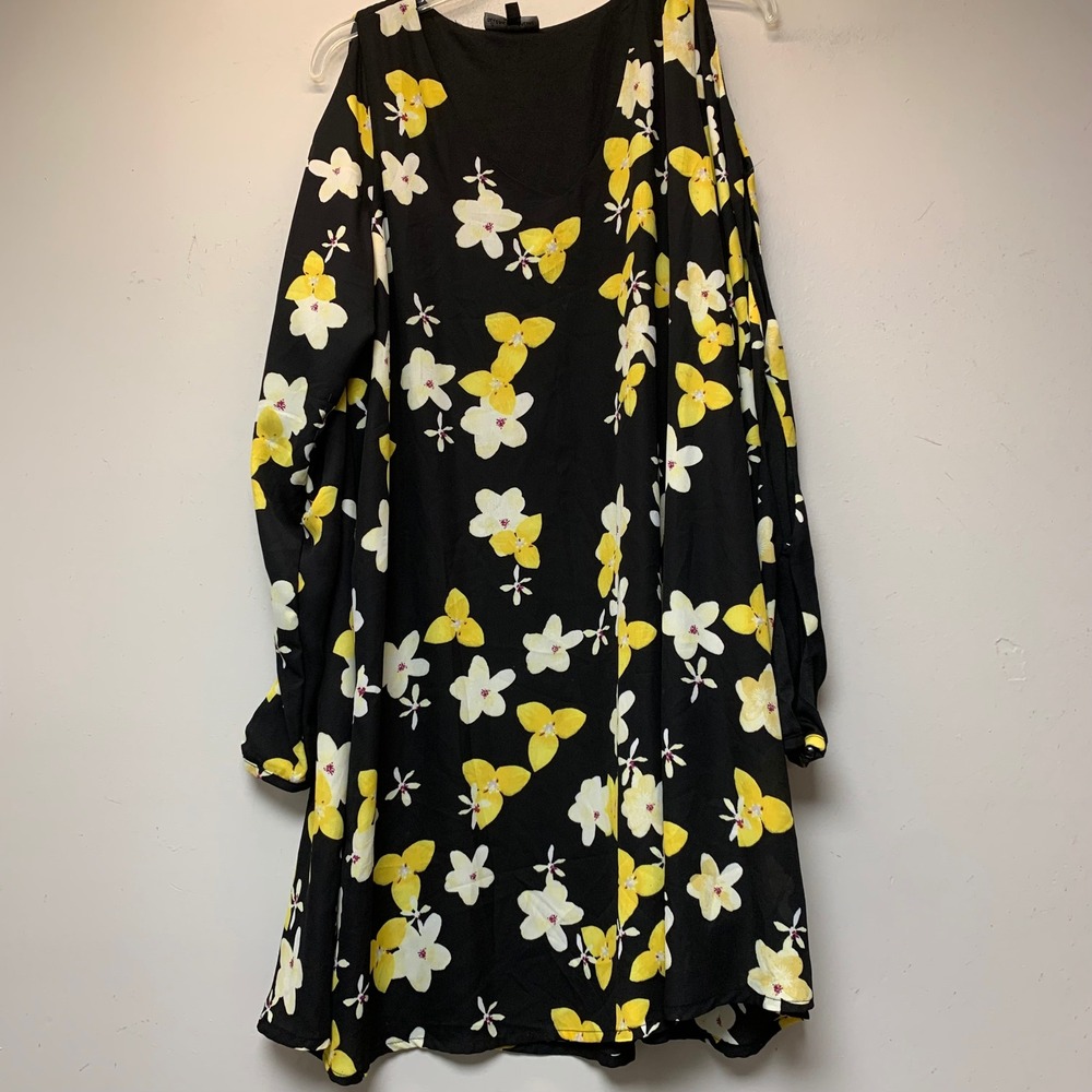 Alison Andrews Cold Shoulder Dress Womens XL Black Yellow Floral 1M7192 EXCL